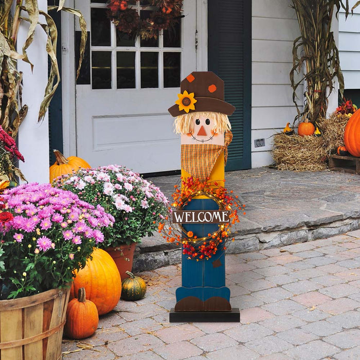 42"H Fall Wooden Scarecrow Porch Decor with A Lighted Wreath