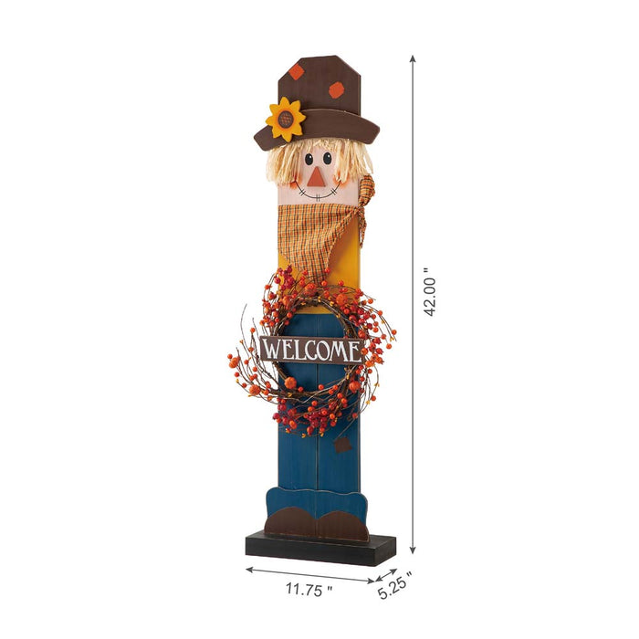 42"H Fall Wooden Scarecrow Porch Decor with A Lighted Wreath