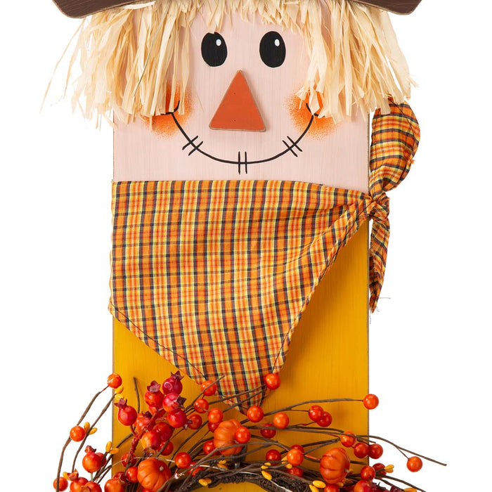 42"H Fall Wooden Scarecrow Porch Decor with A Lighted Wreath