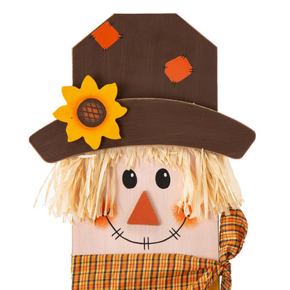 42"H Fall Wooden Scarecrow Porch Decor with A Lighted Wreath