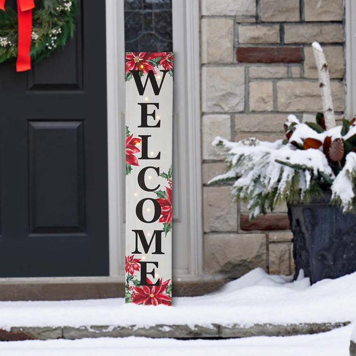 42"H Lighted Wooden Poinsettia "WELCOME" Porch Sign Board