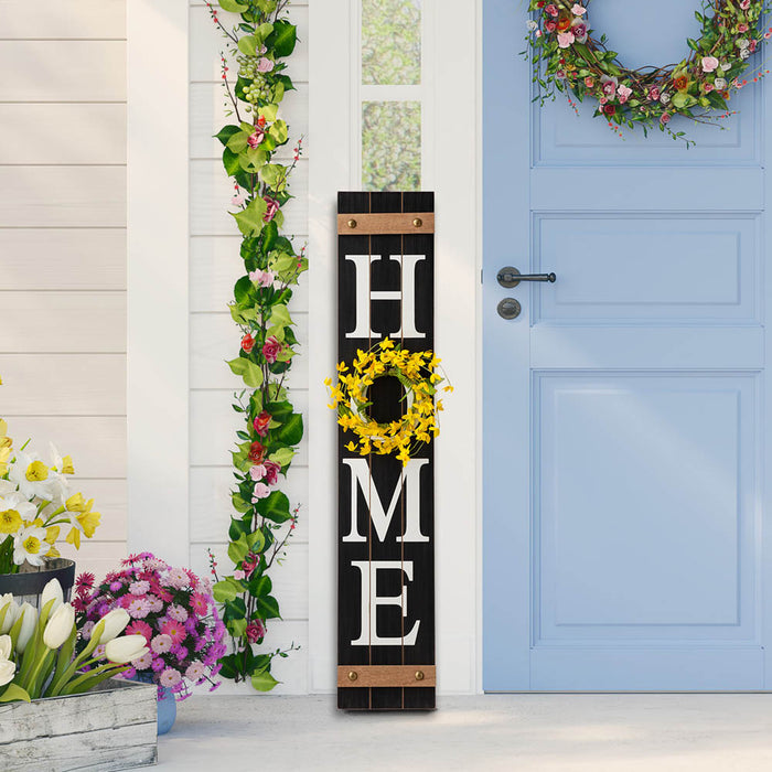 42"H Wooden Black HOME Porch Sign With 3 Interchangeable Wreathes（Spring/Fall/Christmas）