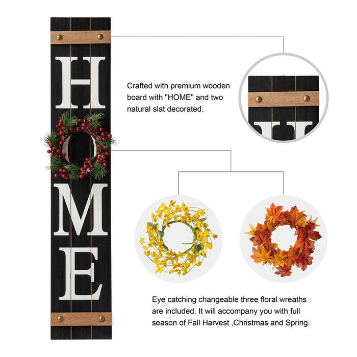 42"H Wooden Black HOME Porch Sign With 3 Interchangeable Wreathes（Spring/Fall/Christmas）