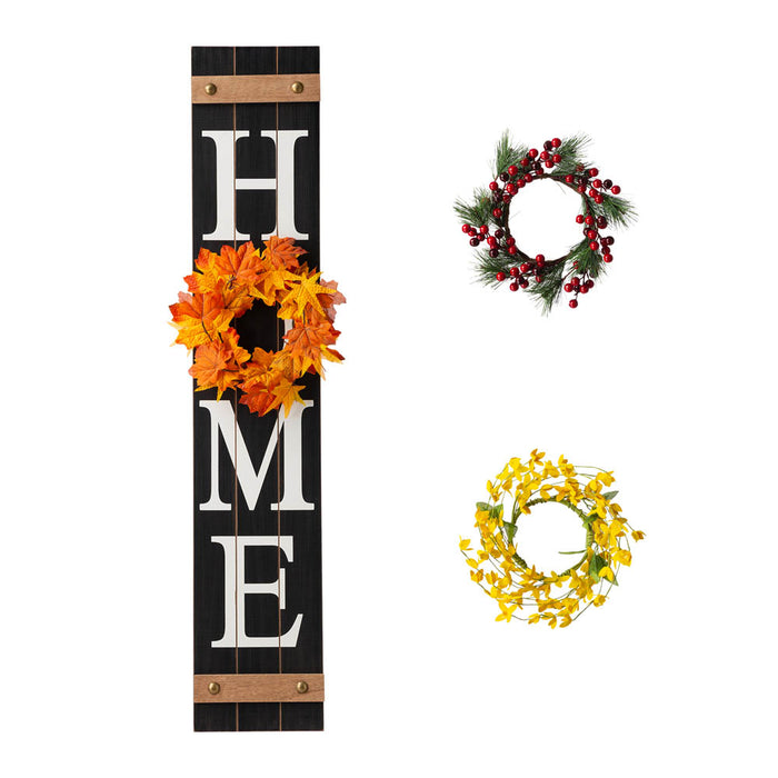 42"H Wooden Black HOME Porch Sign With 3 Interchangeable Wreathes（Spring/Fall/Christmas）