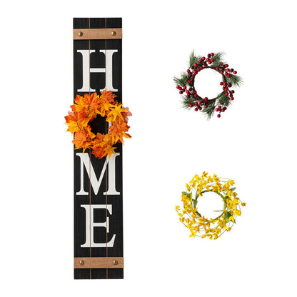 42"H Wooden Black HOME Porch Sign With 3 Interchangeable Wreathes（Spring/Fall/Christmas）