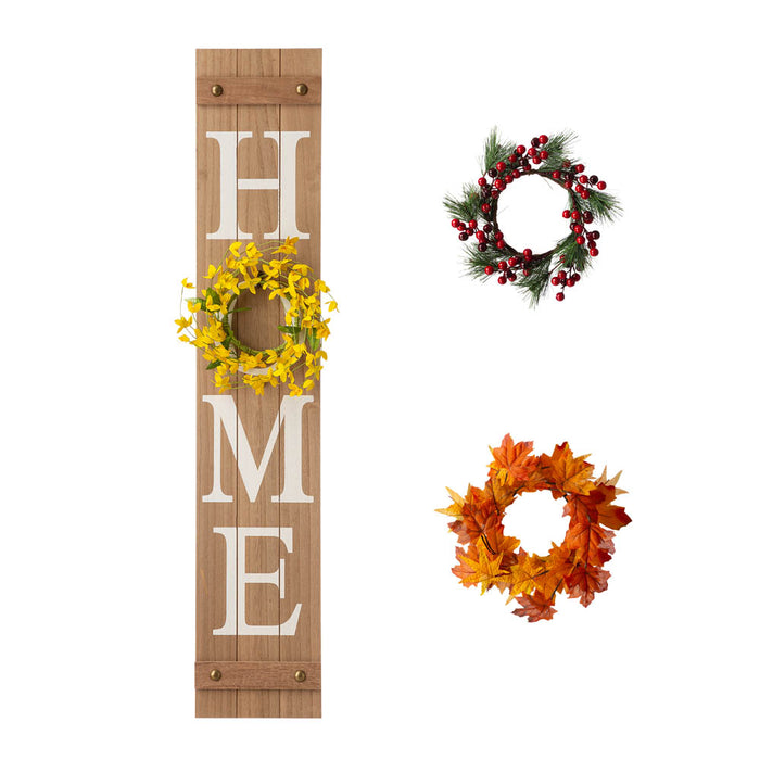 42"H Wooden Brown HOME Porch Sign With 3 Interchangeable Wreathes（Spring/Fall/Christmas）