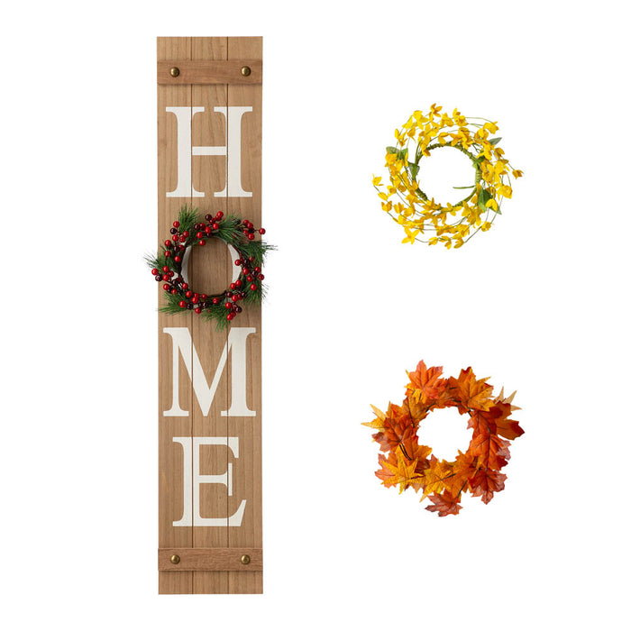 42"H Wooden Brown HOME Porch Sign With 3 Interchangeable Wreathes（Spring/Fall/Christmas）