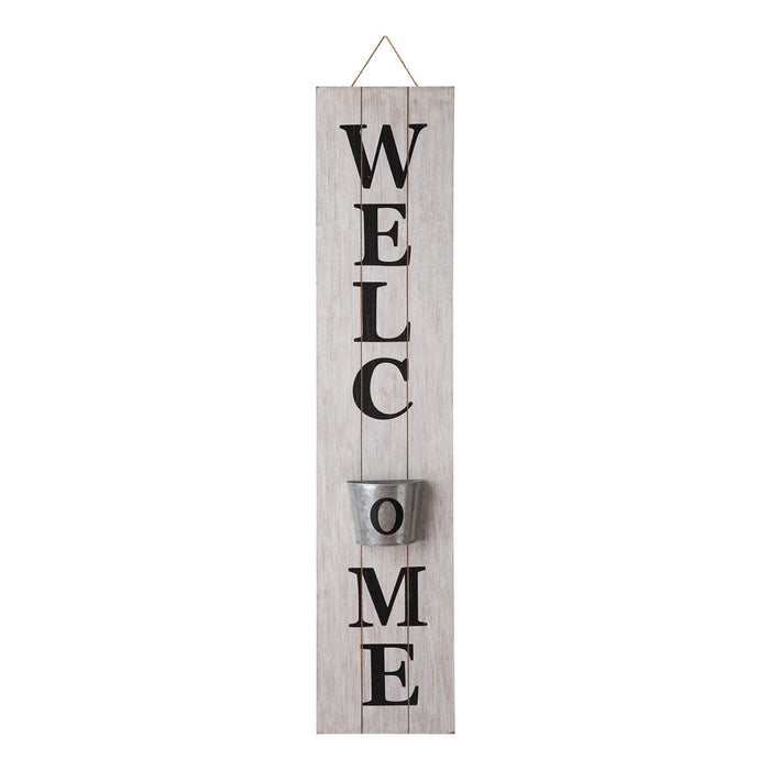 42"H Wooden White WELCOME Porch Sign with Metal Planter
