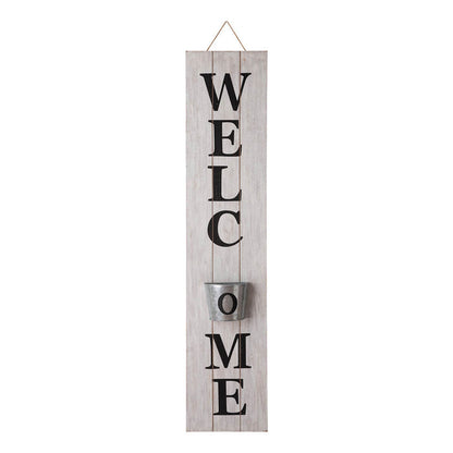 42"H Wooden White WELCOME Porch Sign with Metal Planter