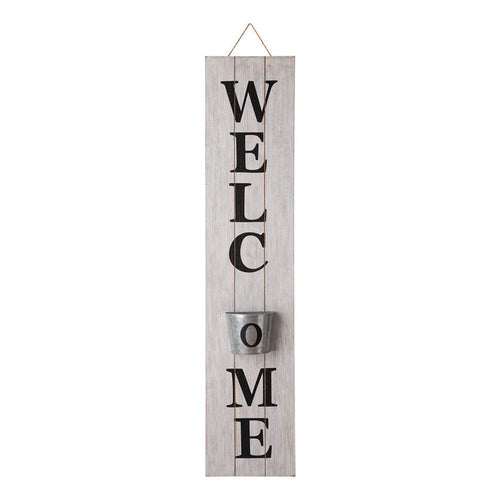 42"H Wooden White WELCOME Porch Sign with Metal Planter