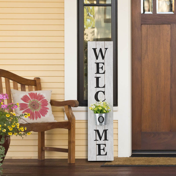 42"H Wooden White WELCOME Porch Sign with Metal Planter