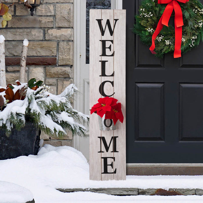 42"H Wooden White WELCOME Porch Sign with Metal Planter