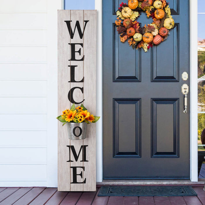 42"H Wooden White WELCOME Porch Sign with Metal Planter