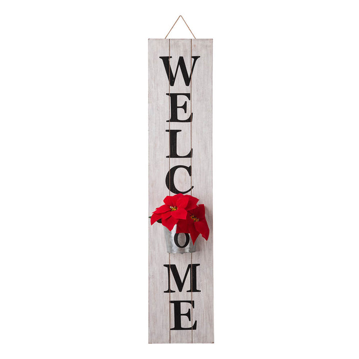 42"H Wooden White WELCOME Porch Sign with Metal Planter