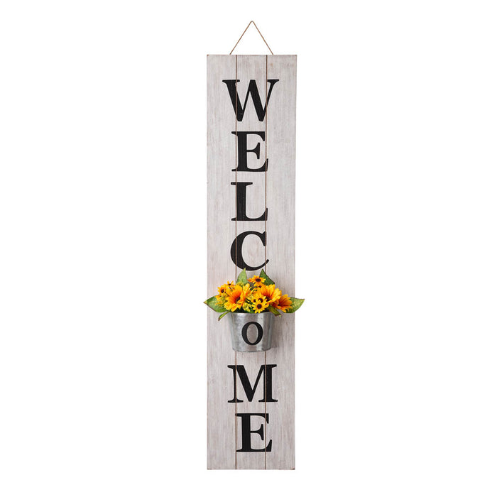 42"H Wooden White WELCOME Porch Sign with Metal Planter