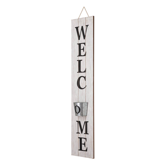 42"H Wooden White WELCOME Porch Sign with Metal Planter