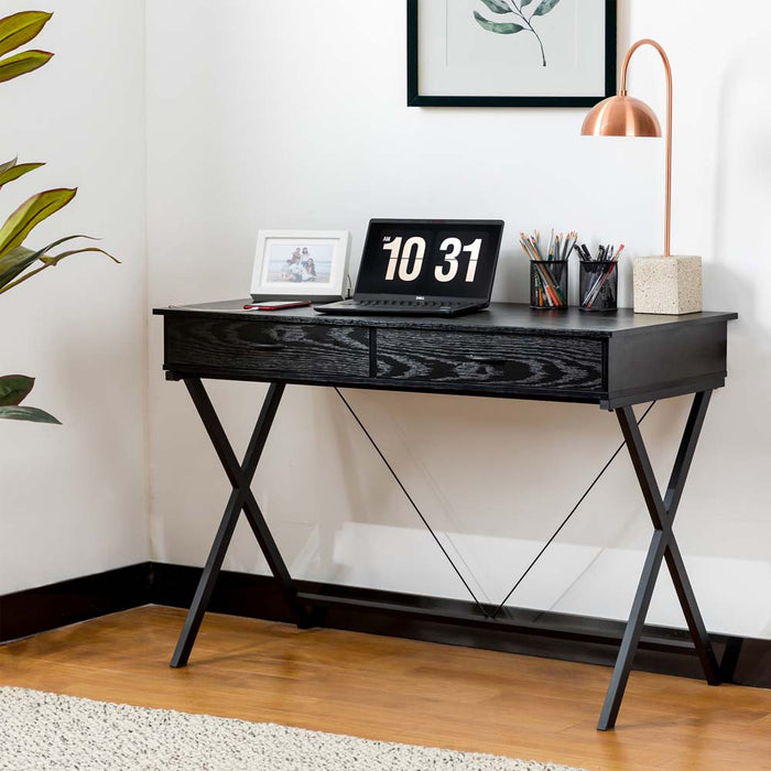 43.25"L Modern Industrial Black Wood/Metal Writing Desk With 1 Outlets and 2 USB Charging Ports