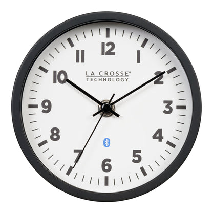Head-on image of the 437-3816 Insta-Set Table/Wall Clock with Bluetooth® Technology featuring a white dial with bold black numerals, black metal hands, and a black frame with the base removed for wall hanging placement.