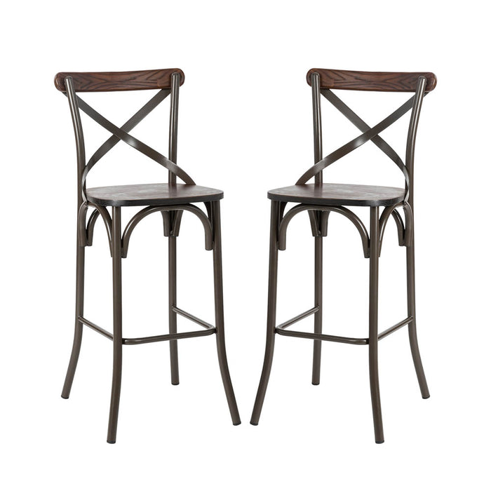 43"H Rustic Steel Bar Stool with Solid Elm Wood Seat and Back Support, Set of 2