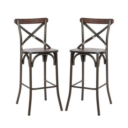 43"H Rustic Steel Bar Stool with Solid Elm Wood Seat and Back Support, Set of 2