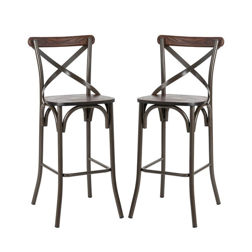 43"H Rustic Steel Bar Stool with Solid Elm Wood Seat and Back Support, Set of 2