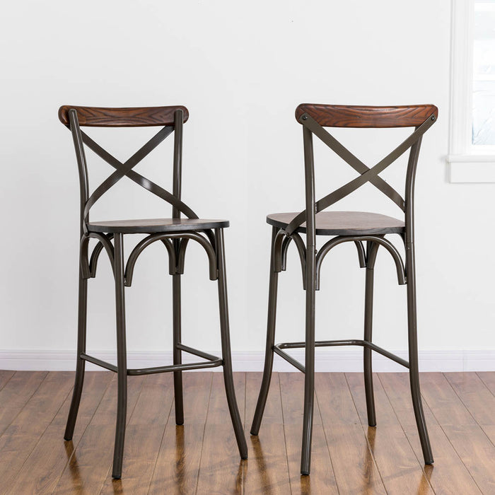 43"H Rustic Steel Bar Stool with Solid Elm Wood Seat and Back Support, Set of 2