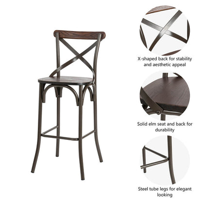 43"H Rustic Steel Bar Stool with Solid Elm Wood Seat and Back Support, Set of 2