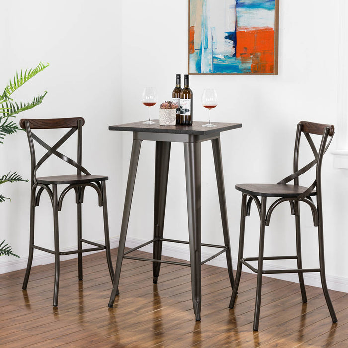 43"H Rustic Steel Bar Stool with Solid Elm Wood Seat and Back Support, Set of 2
