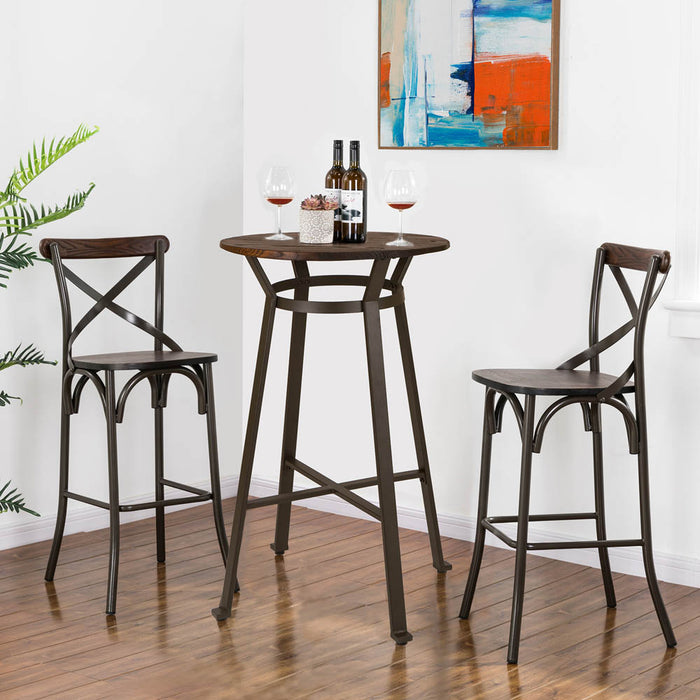 43"H Rustic Steel Bar Stool with Solid Elm Wood Seat and Back Support, Set of 2