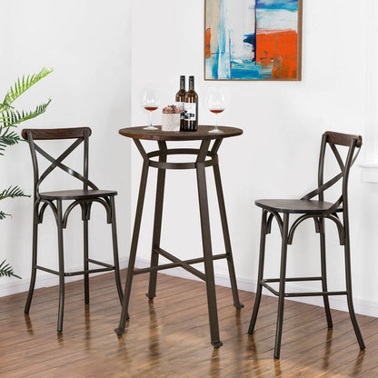 43"H Rustic Steel Bar Stool with Solid Elm Wood Seat and Back Support, Set of 2