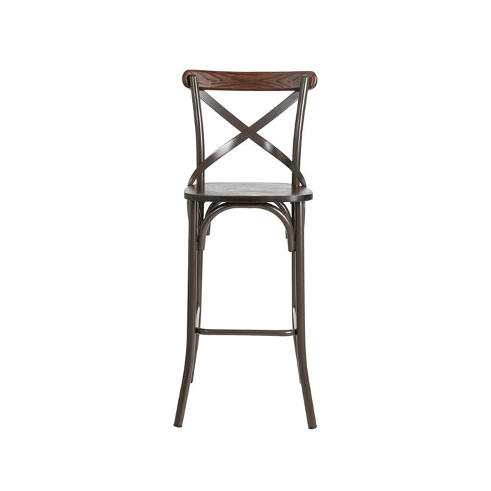 43"H Rustic Steel Bar Stool with Solid Elm Wood Seat and Back Support, Set of 2
