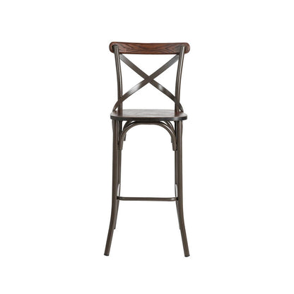 43"H Rustic Steel Bar Stool with Solid Elm Wood Seat and Back Support, Set of 2