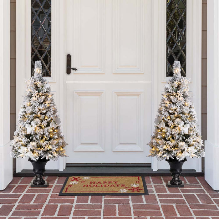 4ft Pre-Lit Pine Artificial Christmas Porch Tree with 100 Warm White Lights and Poinsettias, Set of 2