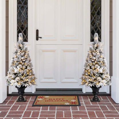 4ft Pre-Lit Pine Artificial Christmas Porch Tree with 100 Warm White Lights and Poinsettias, Set of 2