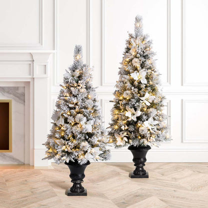 4ft Pre-Lit Pine Artificial Christmas Porch Tree with 100 Warm White Lights and Poinsettias, Set of 2