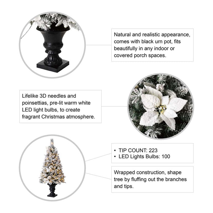 4ft Pre-Lit Pine Artificial Christmas Porch Tree with 100 Warm White Lights and Poinsettias, Set of 2