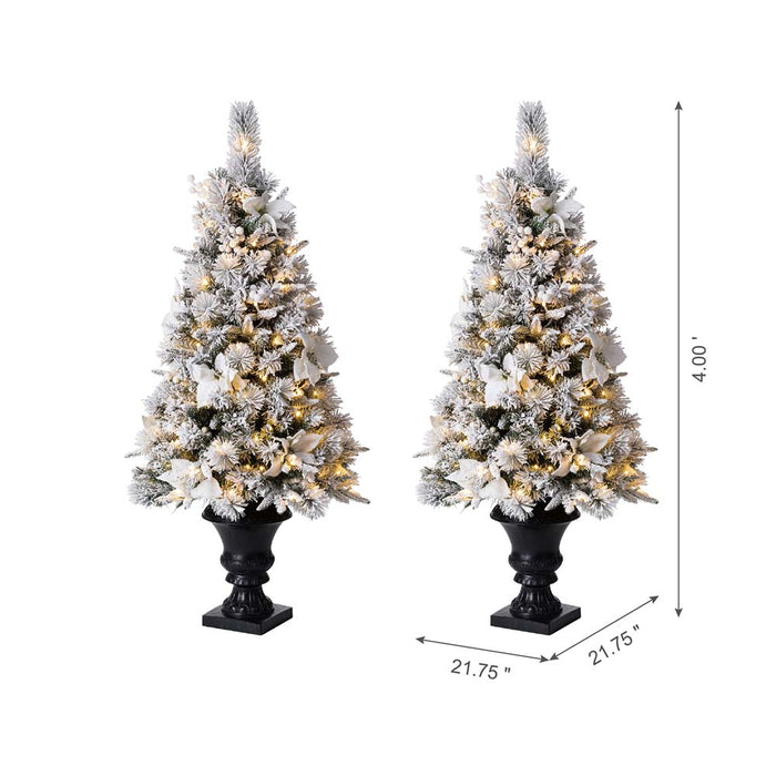 4ft Pre-Lit Pine Artificial Christmas Porch Tree with 100 Warm White Lights and Poinsettias, Set of 2