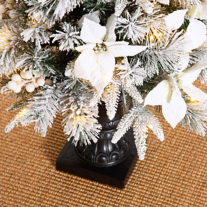4ft Pre-Lit Pine Artificial Christmas Porch Tree with 100 Warm White Lights and Poinsettias, Set of 2