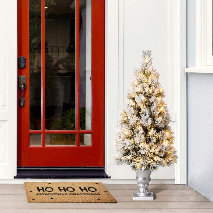 4ft Pre-Lit Snow Flocked Pine Artificial Christmas Porch Tree with 100 Warm White Lights