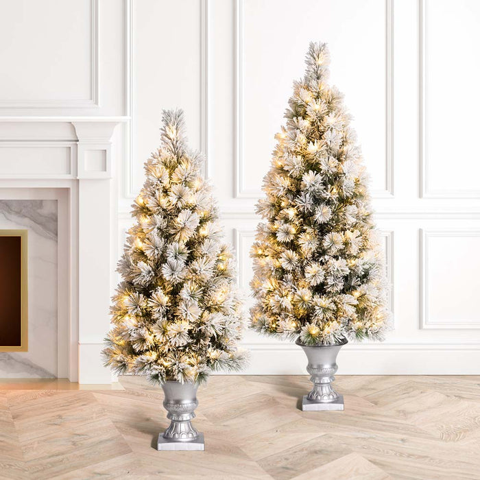 4ft Pre-Lit Snow Flocked Pine Artificial Christmas Porch Tree with 100 Warm White Lights