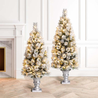 4ft Pre-Lit Snow Flocked Pine Artificial Christmas Porch Tree with 100 Warm White Lights