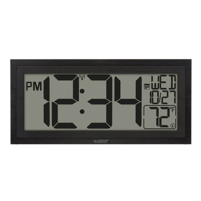 Head-on image of the 515-1419v2 Atomic Digital Wall Clock with Time Advance. The digital wall clock features a dual black frame, easy-to-read 4.49-inch time digits, indoor temperature reading of 72 degrees Fahrenheit, and a calendar.
