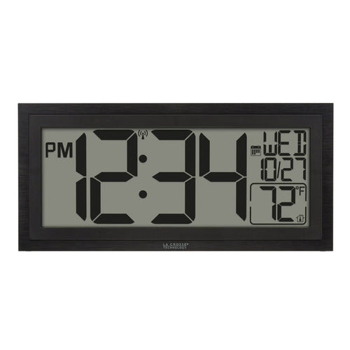 Head-on image of the 515-1419v2 Atomic Digital Wall Clock with Time Advance. The digital wall clock features a dual black frame, easy-to-read 4.49-inch time digits, indoor temperature reading of 72 degrees Fahrenheit, and a calendar.