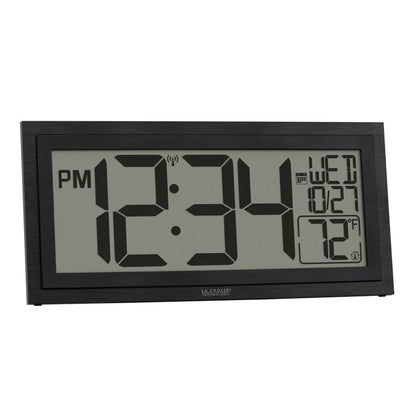 Right-facing image of the 515-1419v2 Atomic Digital Wall Clock with Time Advance. The digital wall clock features a dual black frame, easy-to-read 4.49-inch time digits, indoor temperature reading of 72 degrees Fahrenheit, and a calendar.