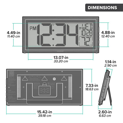 Orthographic drawing of the dimensions in inches and centimeters of the 515-1419v2 Atomic Digital Wall Clock with Time Advance. The digital wall clock is 15.42 inches long and 7.33 inches high. The clock features a dual black frame, easy-to-read 4.49-inch time digits, temperature, and a calendar.