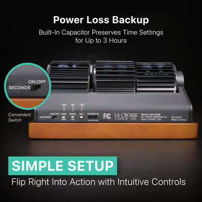 Back image of the 536-526B (Rollins Mechanical Flip Clock), showcasing its intuitive controls, simple setup, and convenient Seconds ON/OFF switch. The image also points out the Power Loss Backup feature, which uses a built-in capacitor to preserve time settings for up to 3 hours.