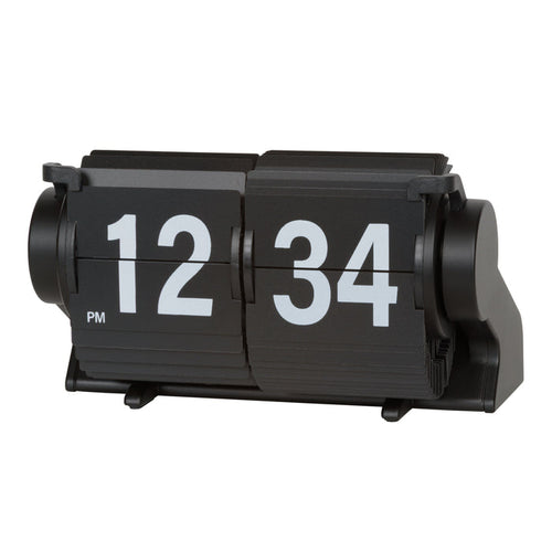 Left-facing image of the 536-527B Rollins Mini Mechanical Flip Clock - Black featuring black hour and minute flip cards with white numbers in a black case.