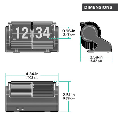 Orthographic dimension image of the 536-527B Rollins Mini Mechanical Flip Clock - Black measured in inches and centimeters. The clock measures 4.34 inches in length, 5.51 inches in height, and 2.58 inches deep.