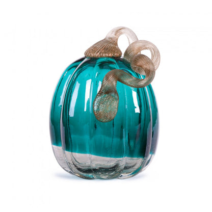 5.51"H Hand Blown Turquoise Crackle Glass Pumpkin Decor