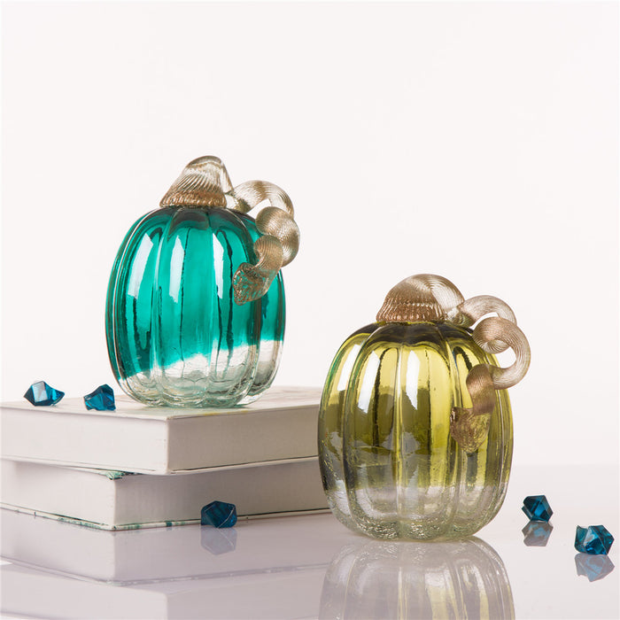 5.51"H Hand Blown Turquoise Crackle Glass Pumpkin Decor
